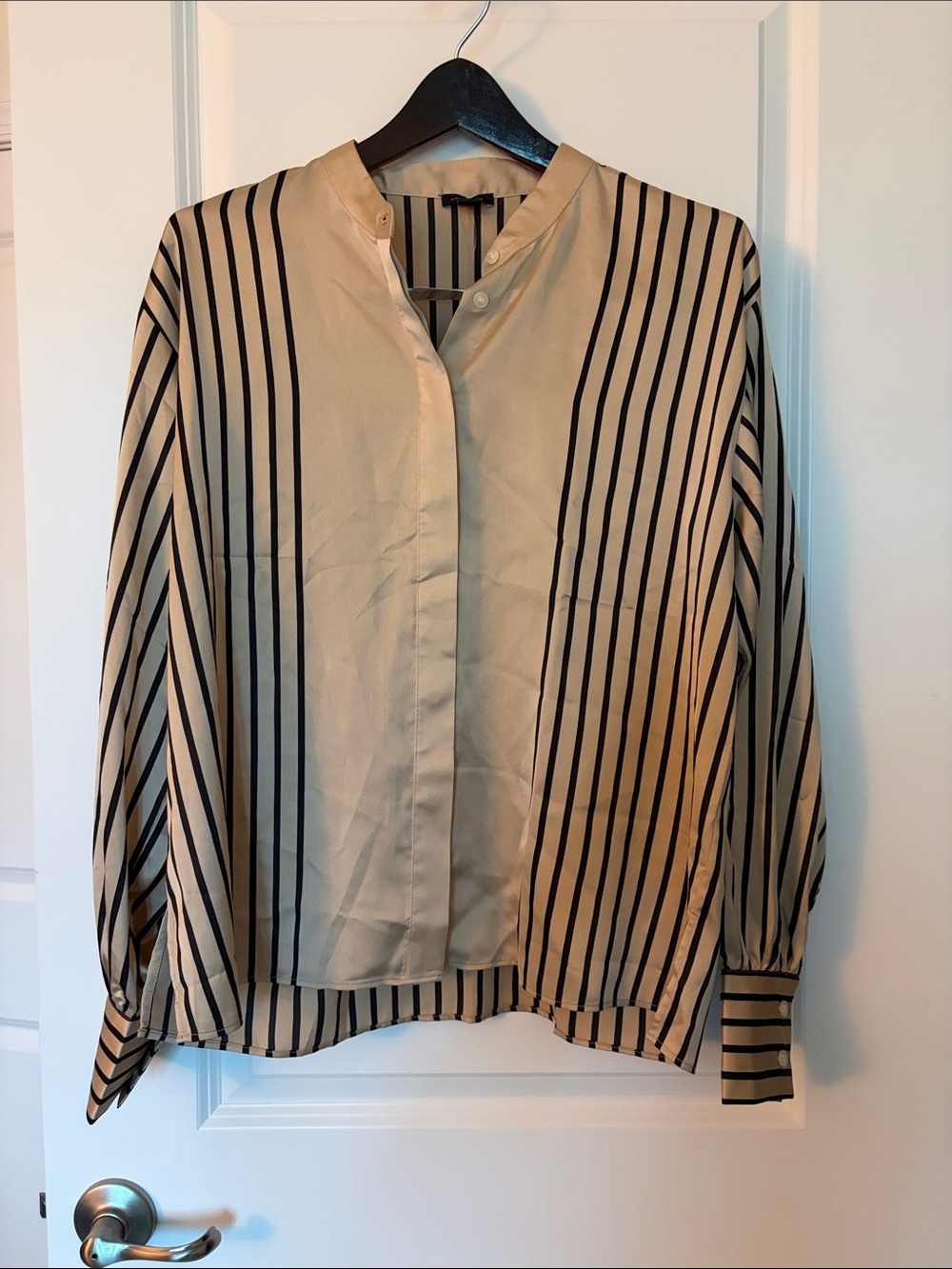 Ann Taylor Beige and Black Vertical-Stripe Button Down Blouse